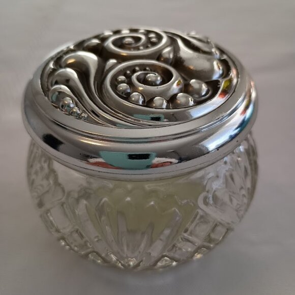 Vintage Avon Glass Vanity Jar with Ornate Silvertone Swirled Lid - Picture 1 of 6